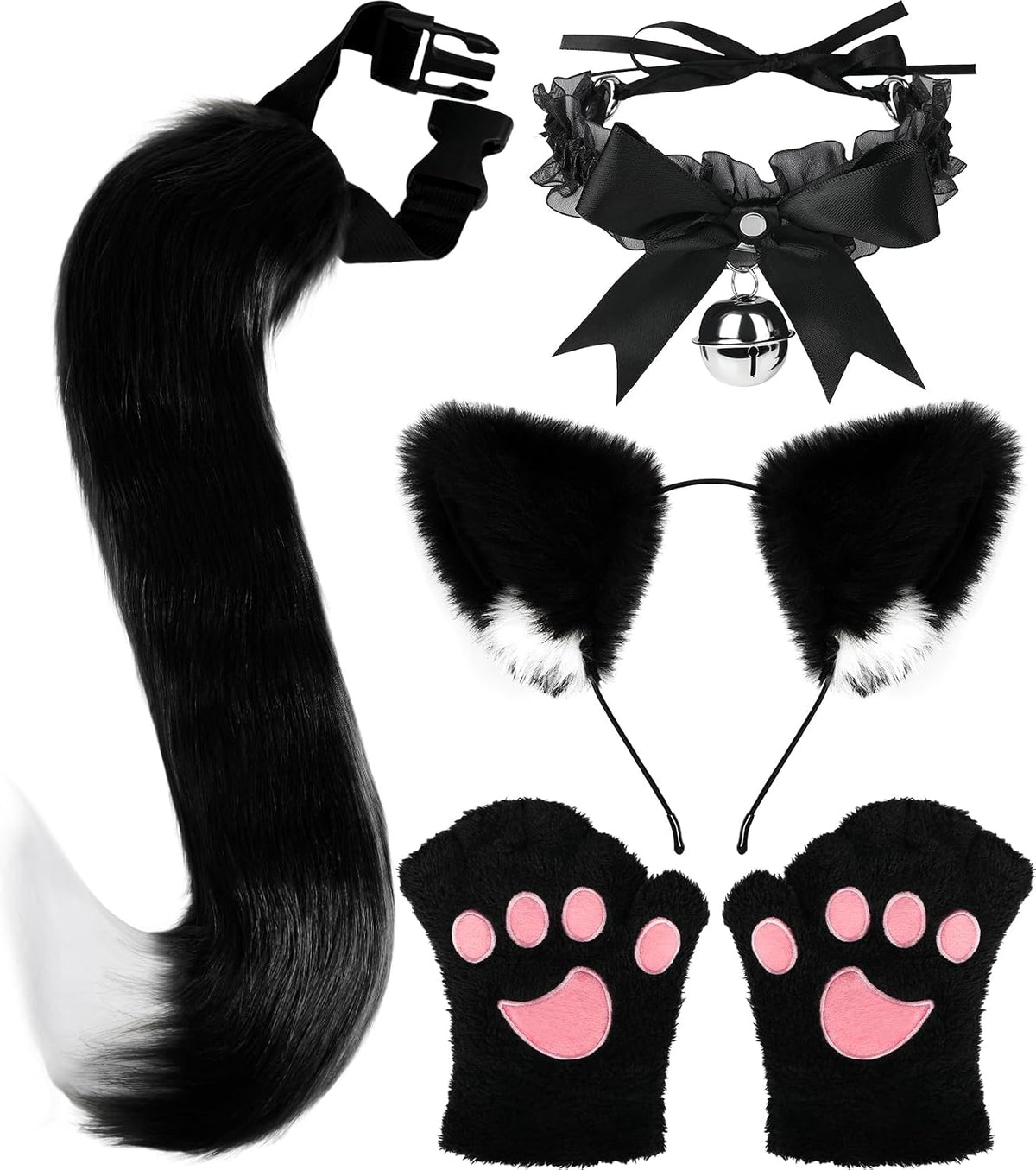 Cat Ears and Tail,Wolf Fox Ears Long Tail and Bell Lace Choker Set for Halloween,Animal Cosplay Party Costume