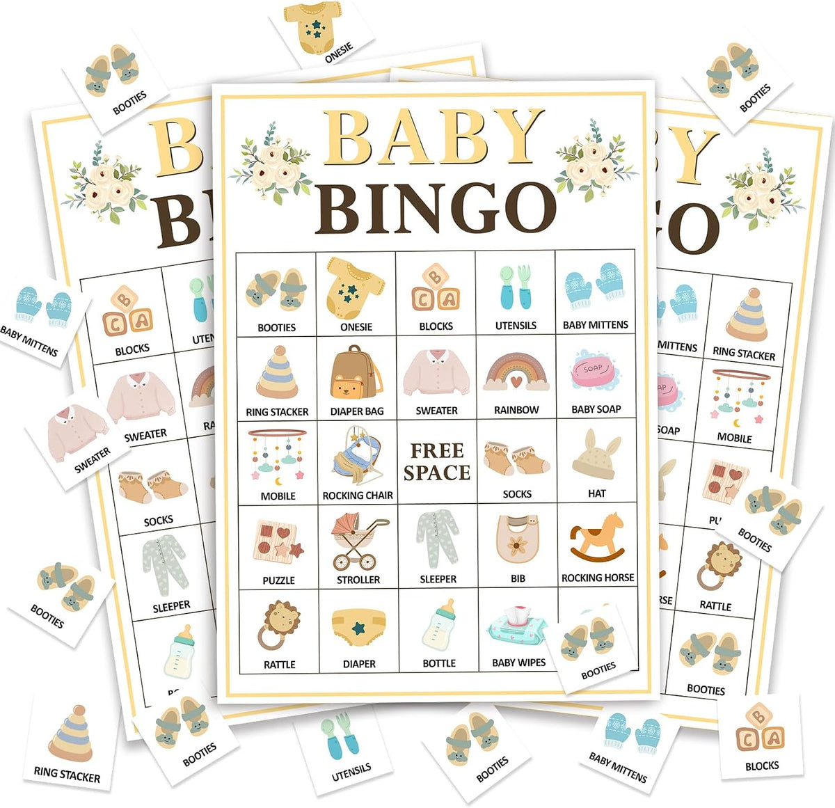 Floral Baby Shower Bingo for 24 Players, Gender Reveal Party Activity