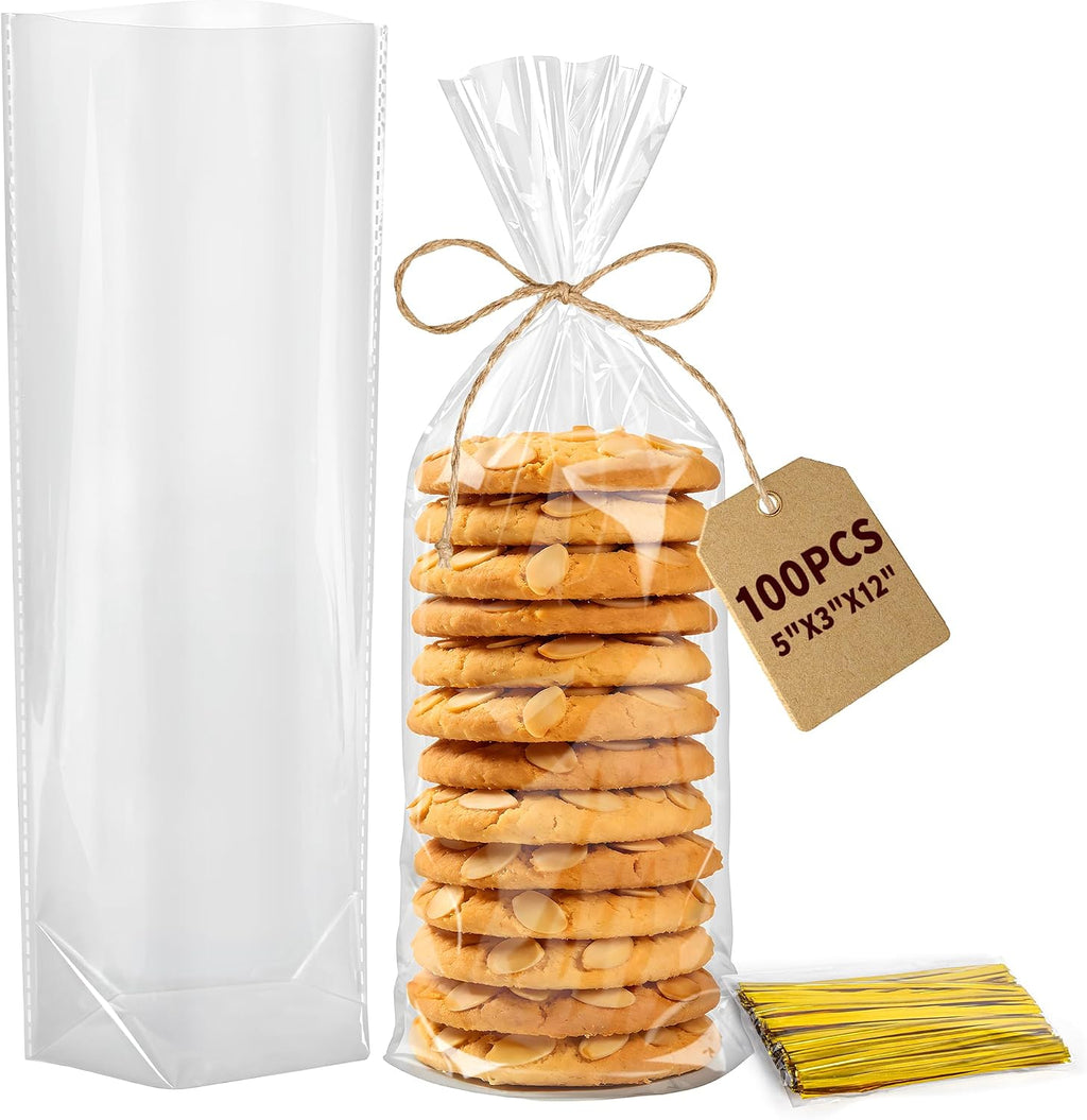 Flat Bottom Cellophane Bags with Twist Ties, 100 Pcs 5x3x12 Inches Cellophane Wrap for Gift Clear Cello Bags Flat Bottom Clear Treat Bags Plastic Packaging for Cookie Candy Goodie (No Side Gusset)