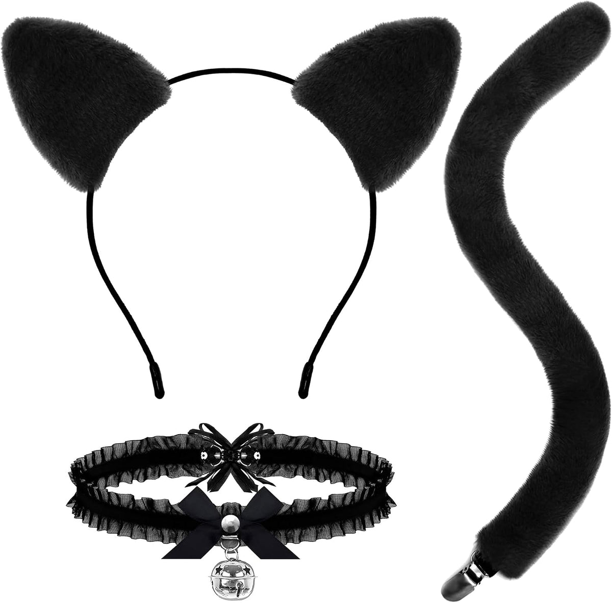 DysanVica Black Cat Costume Accessories - Cute Fluffy Cat Ears Headband Tail Collar for Adult Women Halloween