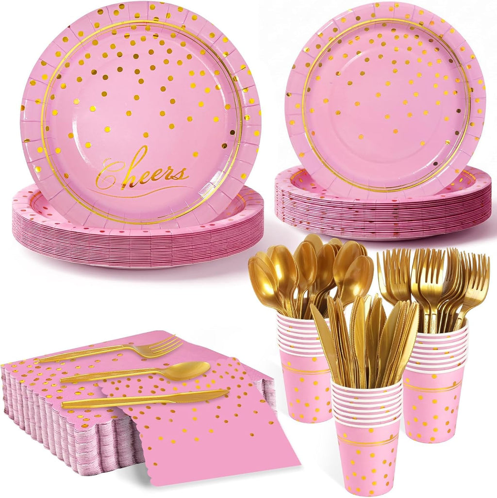 168Pcs Pink and Gold Paper Plates and Napkins Party Supplies for 24 Guest