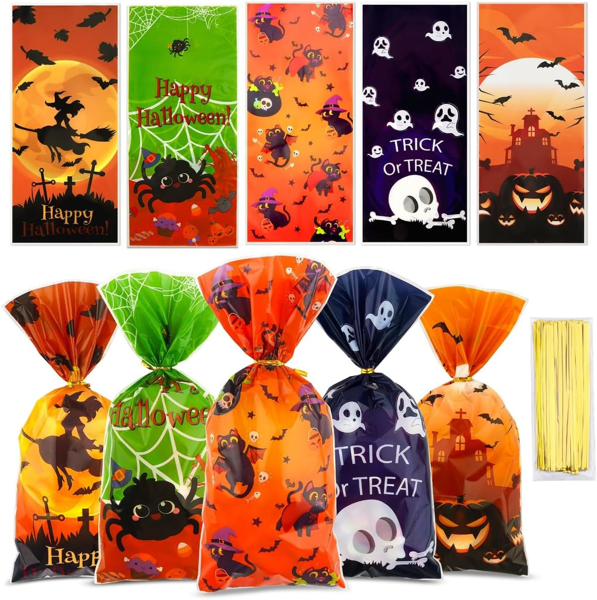 Halloween Treat Bags,Halloween Goodie Bags,100 Pcs Candy Bag Trick or Treat Gift Bag with Ties for Kids Clear Cellophane Goody Favor Gifts for Snacks Cookies Packing Party Favors Decorations Supplies