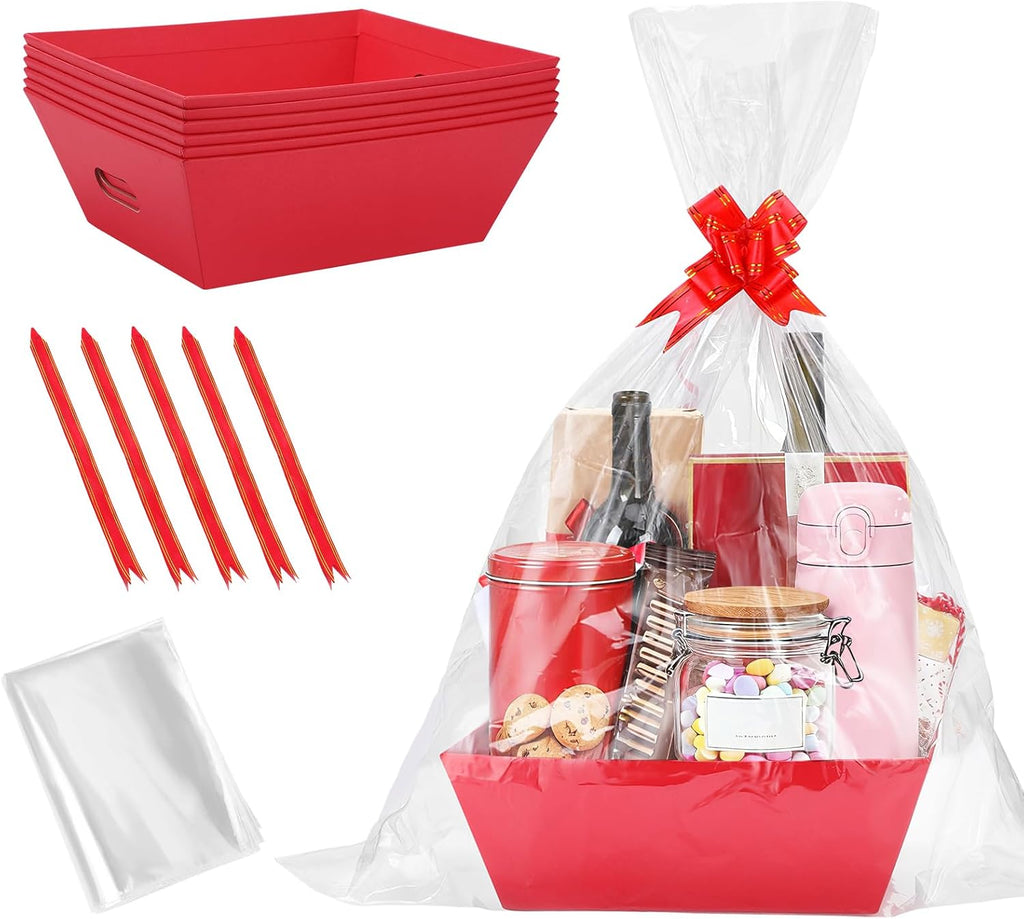 Beeplove 6 Sets Large Thick Kraft Baskets for Gifts Empty - Gift Baskets Empty Kit with Cellophane Wrap and Pull Bows for Wedding Birthday Bridesmaid Baby Shower, Red