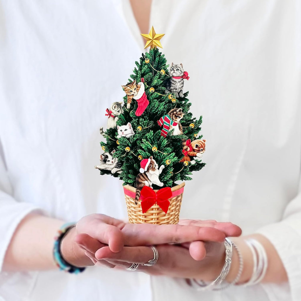 Freshcut Paper Pop Up Cards, Mini Meowy Christmas, 6 Inch Mini Sized Forever Flower Bouquet 3D Popup Greeting Cards, Christmas Card, Holiday Card, Blank Notecard & Envelope