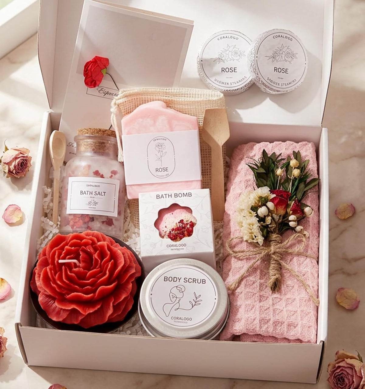 Rose Spa Gifts for Women - 12pc Self-care Spa Gift Basket