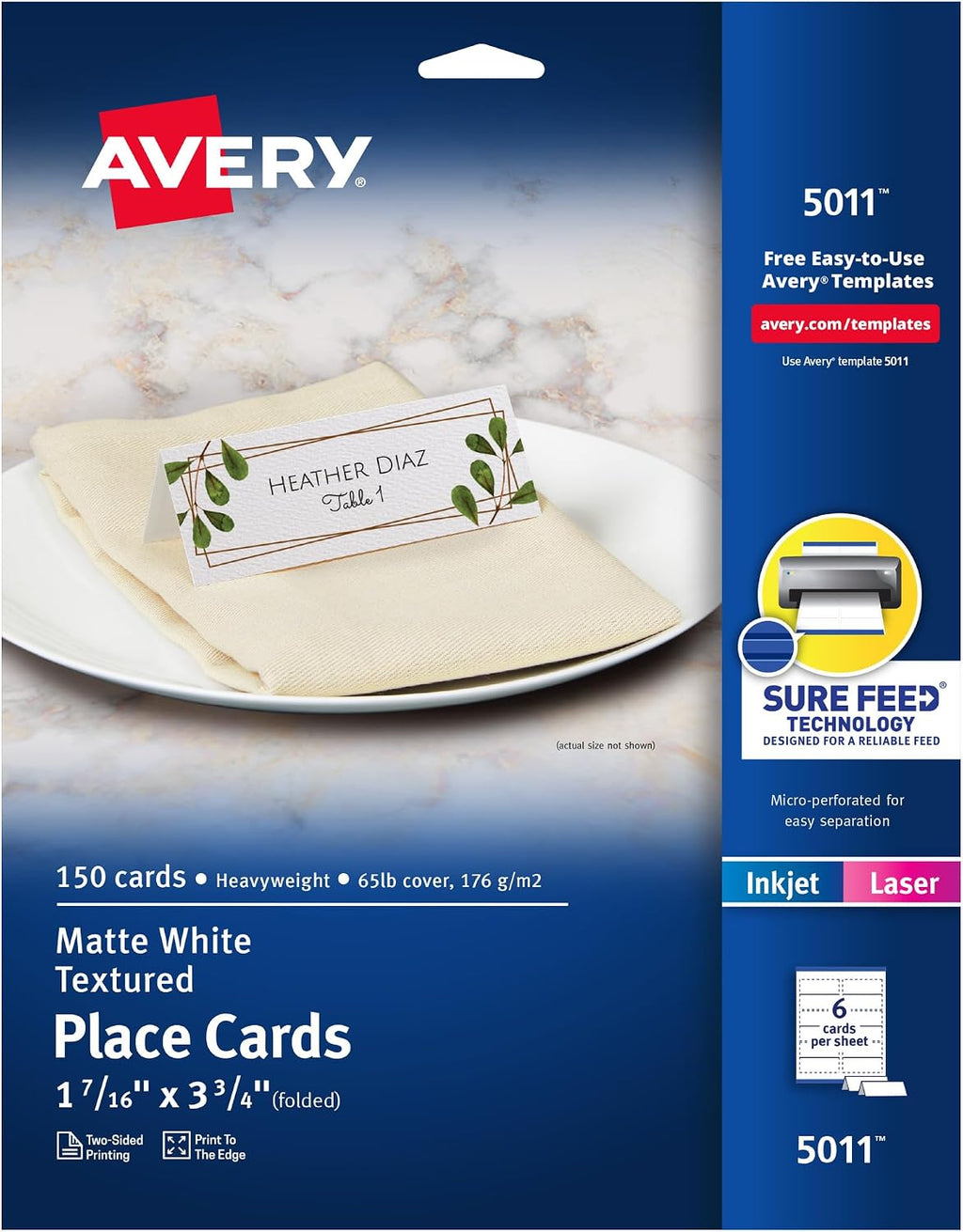 Avery Printable Place Cards, Sure Feed Technology, 1-7/16" x 3-3/4", Matte White, Laser & Inkjet Compatible, 150 Blank Tent Cards Total (5011)