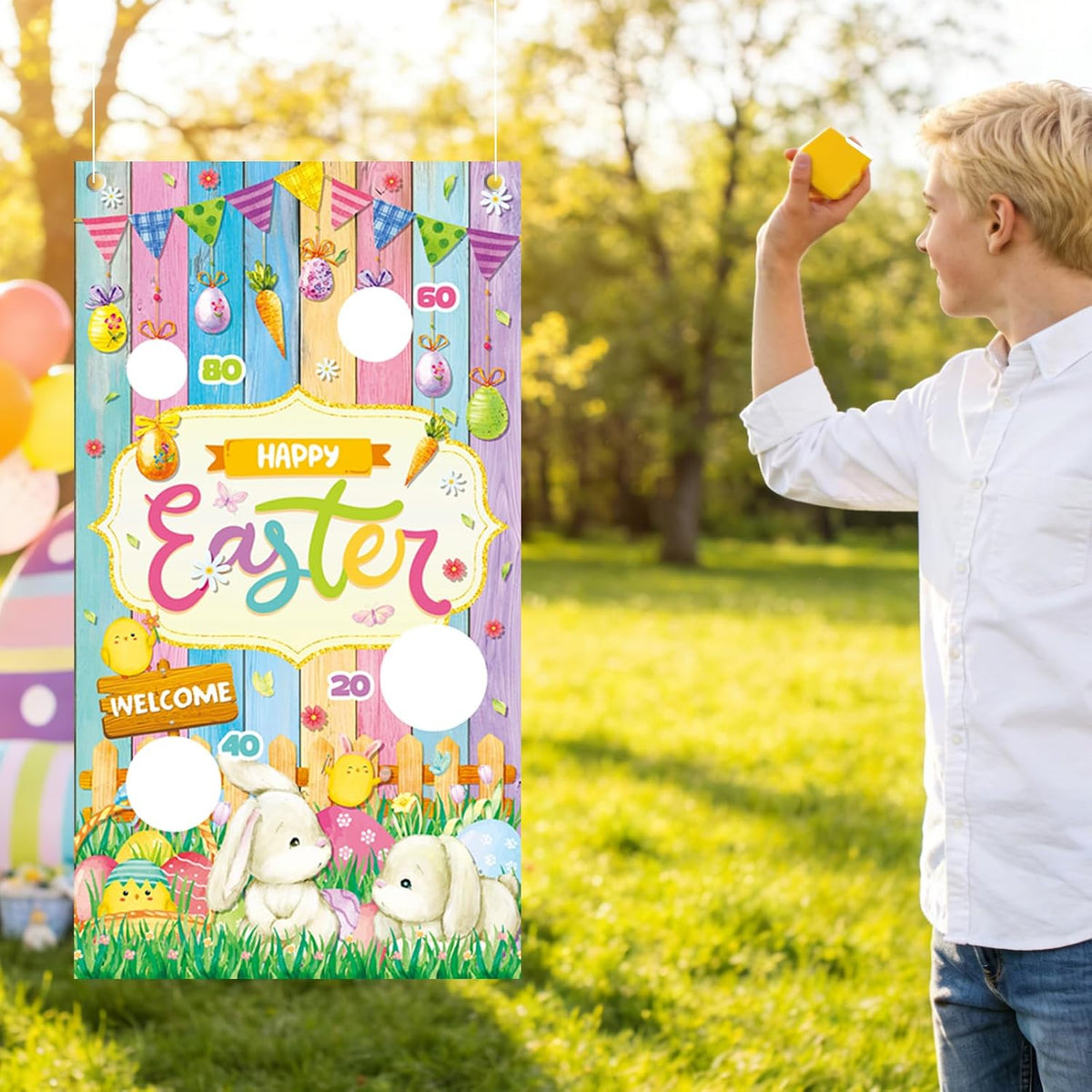 Easter Party Games Set Bean Bag Toss Game for Adults Banner with 4 Bean Bags for Tossing Bunny Egg Easter Party Decoration Indoor Outdoor Festive Decor