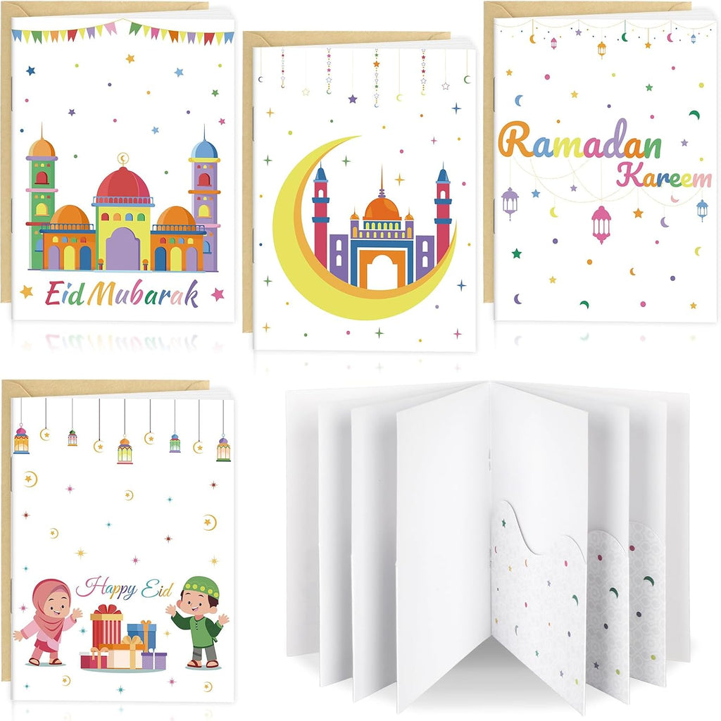 4 Sets Eid Gift Card Book, Eid Mubarak Money Holder Cards with Envelopes, Islamic Holiday Ramadan Kareem Gift Card Booklet Organizer for Family, Friends