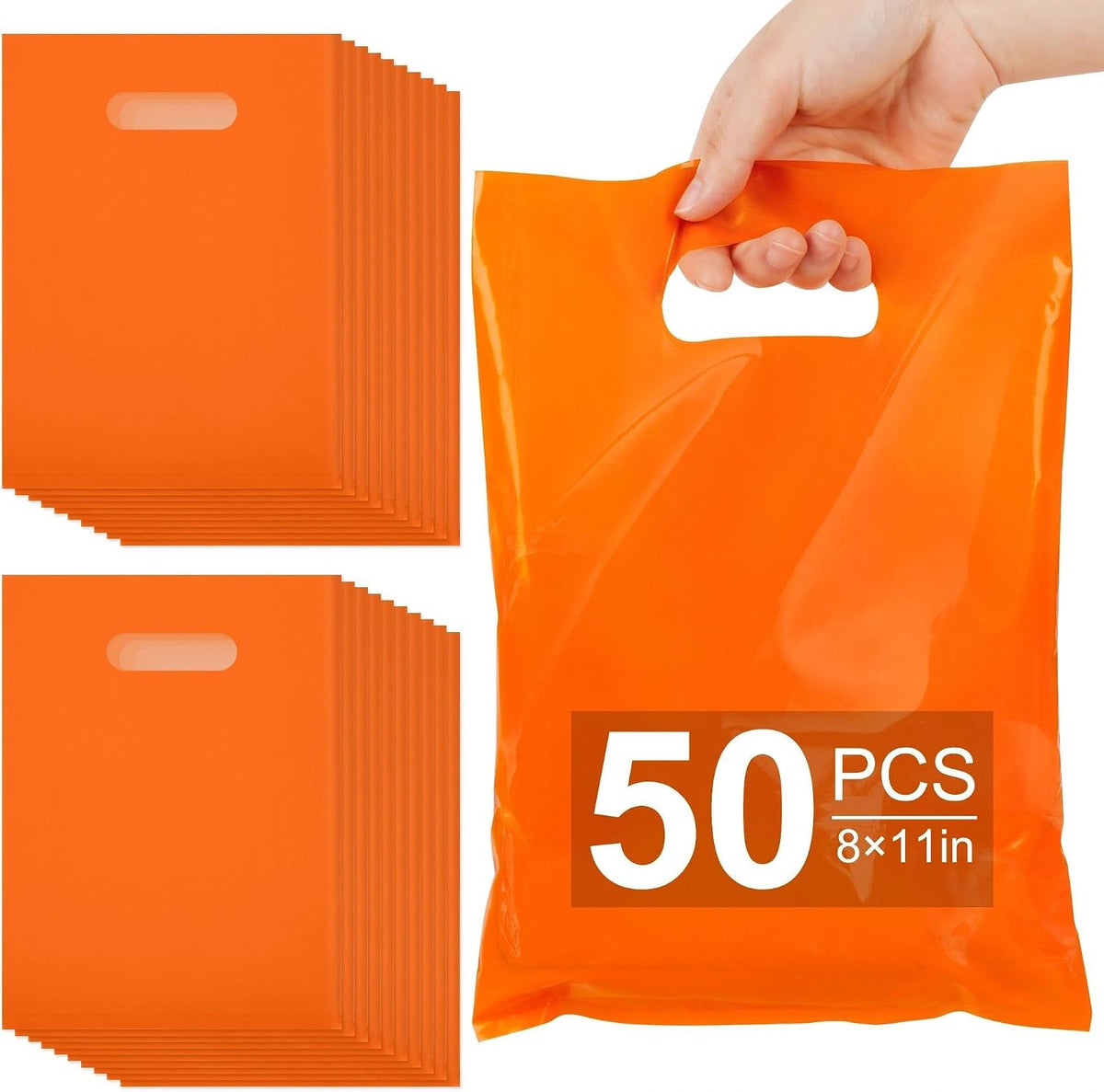 VieFantaisie 50 PCS Orange Party Favor Bags, 8" x 11" Goodie Bags for Candy Treat Craft Easter Egg, Plastic Gift Bag with Die Cut Handles for Birthday Party, School Events & Small Business, Wedding