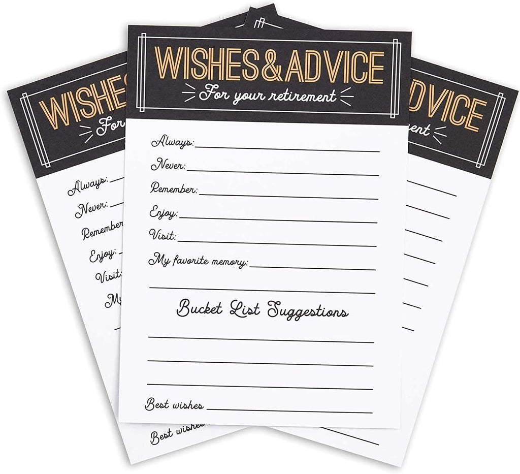 Sparkle and Bash Retirement Advice Cards & Wishes - 5 x 7-Inch, 36 Pack, Black Letter Print - Party Games, Well Wishes & Memory Advice for Retiree