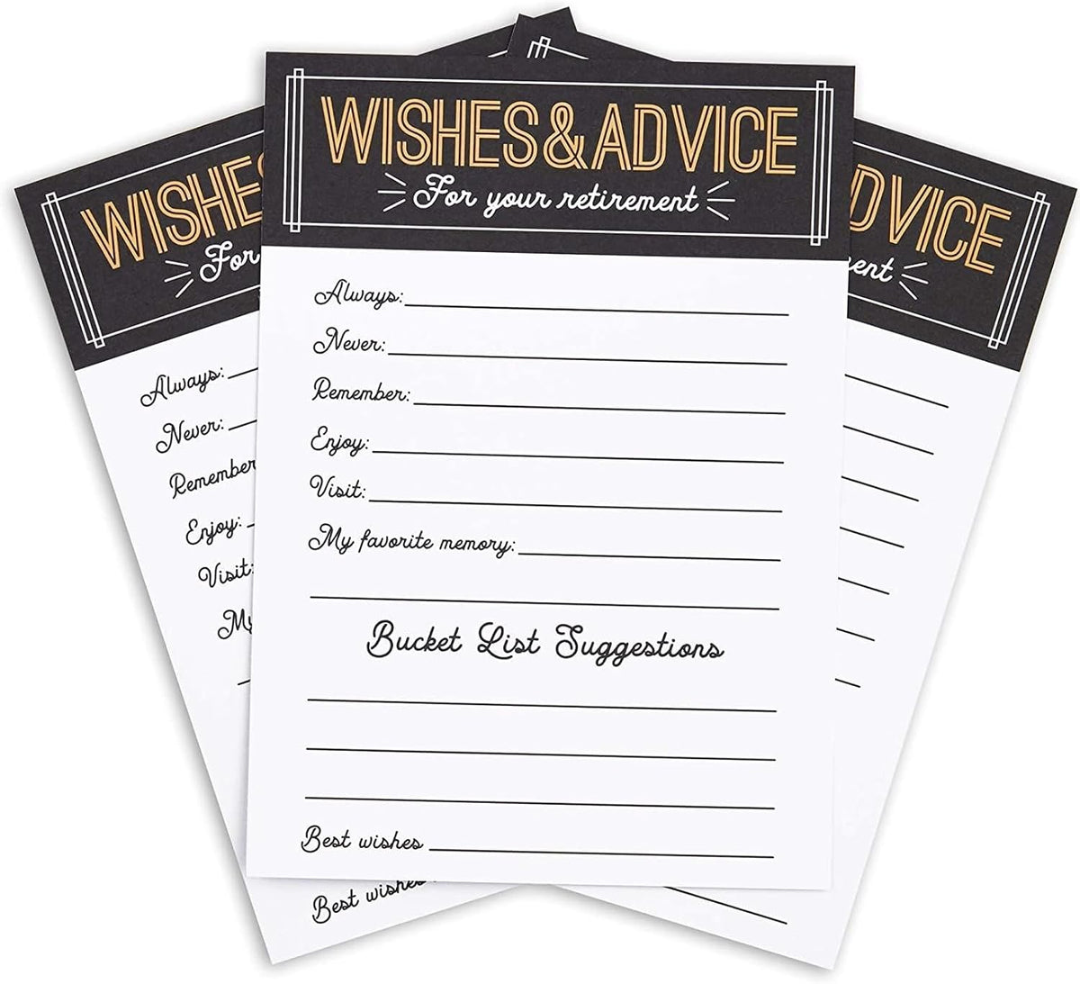 Sparkle and Bash Retirement Advice Cards & Wishes - 5 x 7-Inch, 36 Pack, Black Letter Print - Party Games, Well Wishes & Memory Advice for Retiree