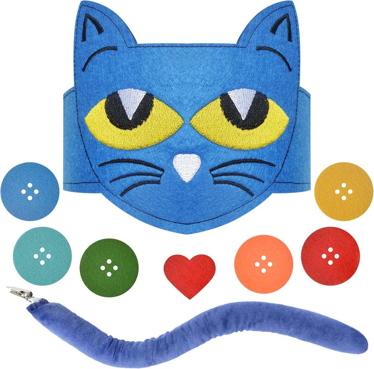 Blue Cat Costume Set with Cat Headband and Tail, Heart Button Stickers Accessories for Read Book Day Dress Up Halloween Party Cosplay
