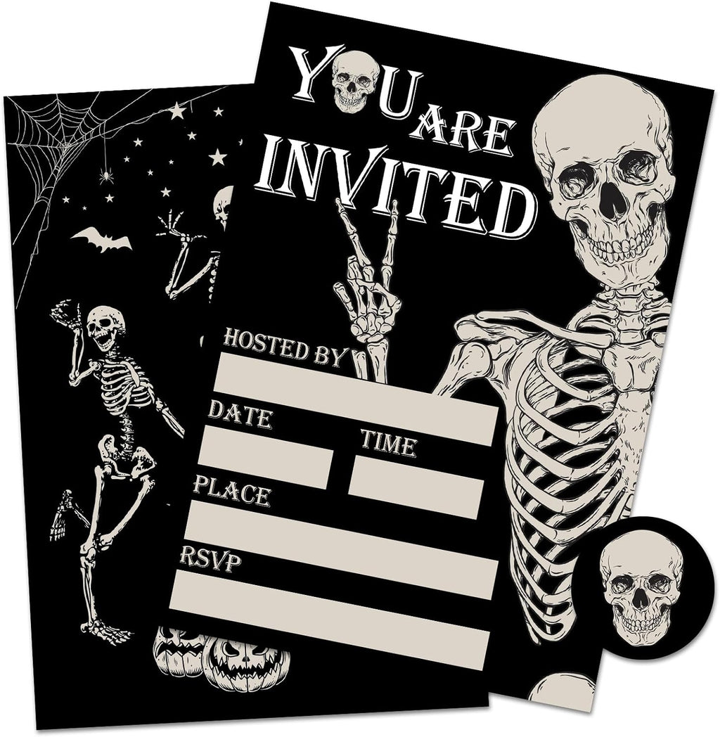 Whaline 25 Sets Halloween Invitations with Envelopes Stickers Black Dancing Skeleton Invitation Cards Blank Invites for Birthday Party Supplies, 5 x 7 Inch