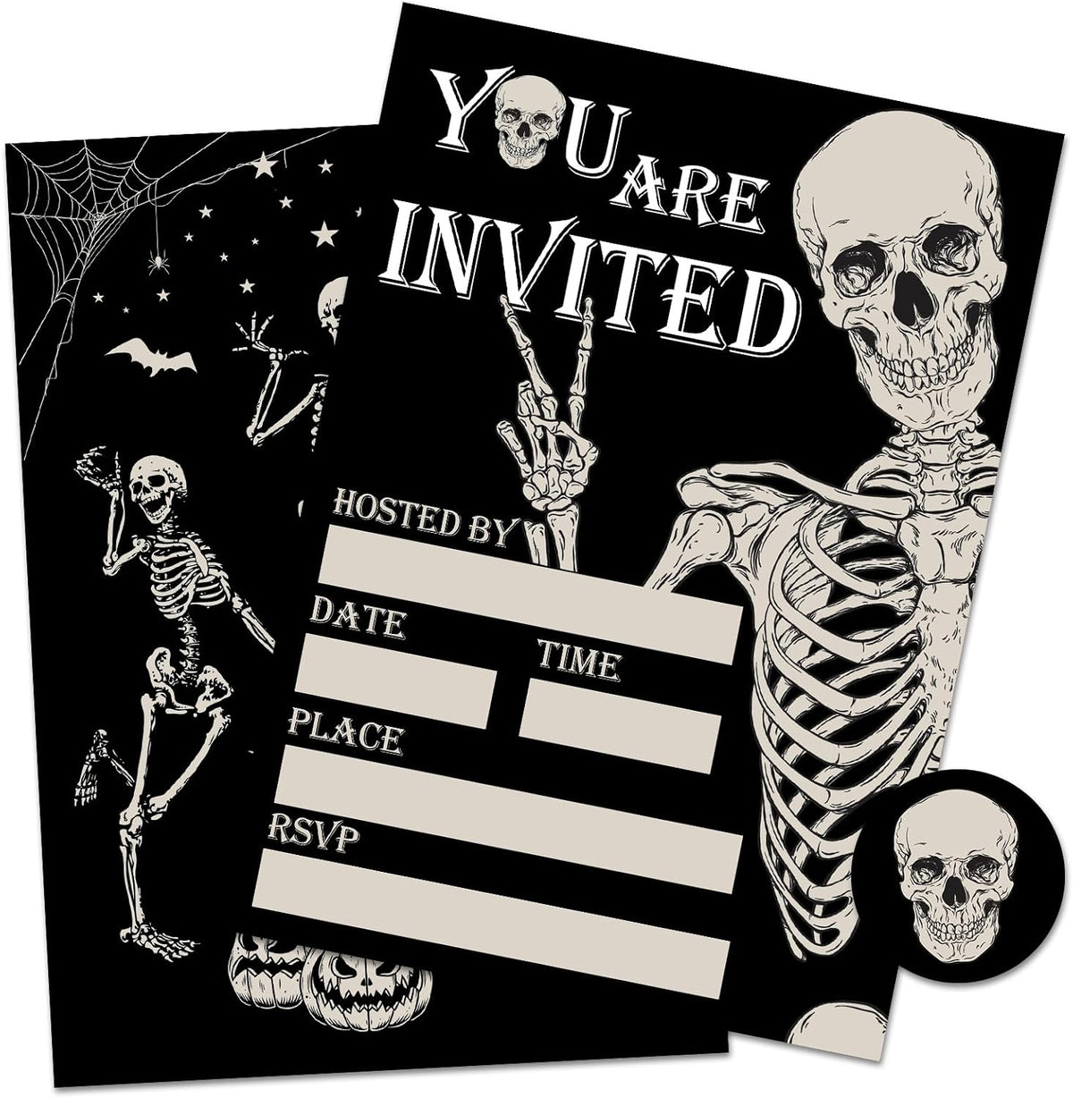 Whaline 25 Sets Halloween Invitations with Envelopes Stickers Black Dancing Skeleton Invitation Cards Blank Invites for Birthday Party Supplies, 5 x 7 Inch