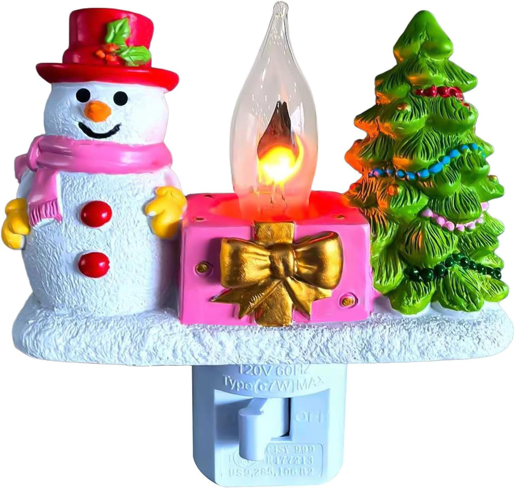 Snowman Christmas Tree Plug-in Night Light,Flickering Campfire Figurine Lam