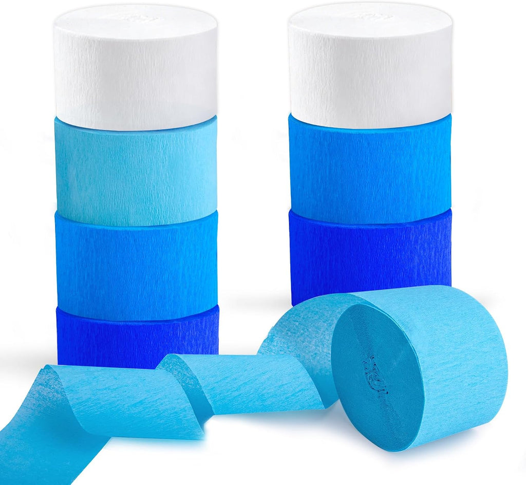 Blue Streamers 8 Rolls Crepe Paper Streamers Party Decorations for Blue Birthday Party, Wedding, Engagement, Bachelorette and Baby Shower Boy
