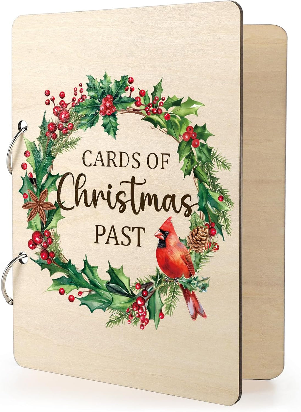 Wooden Christmas Card Organizer Merry Christmas Greeting Card Holder Xmas Holiday Post Cards Keeper Wood Memories Book or Binder for Storage Keepsake Album Photo Notes Gift Winter Past