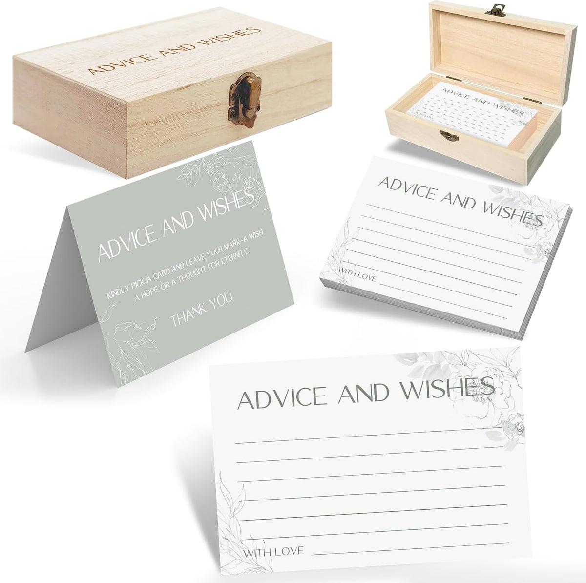 Advice and Wishes for Mr and Mrs - 60 Sage Green Floral Wedding Cards with Wooden Keepsake Box - Elegant Bridal Shower, Anniversary and Graduation Message Set