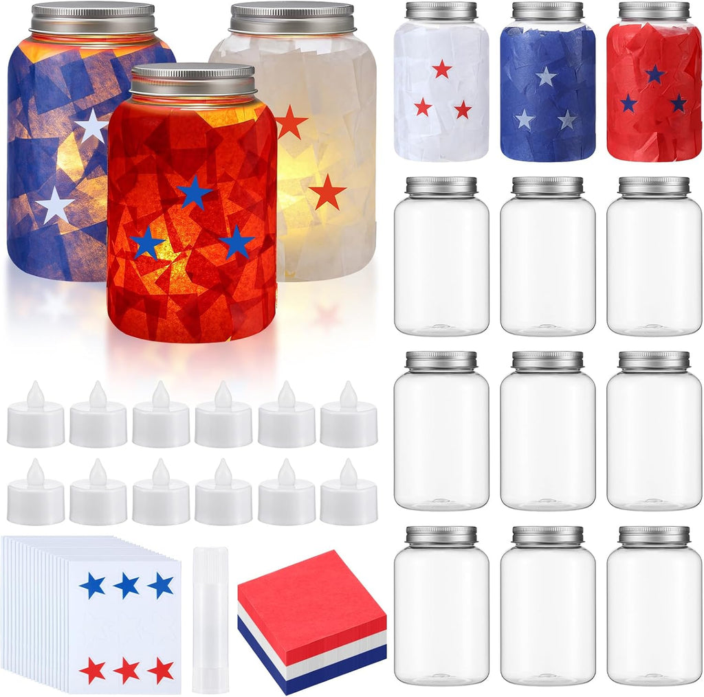 Qinyoung 12 Pcs Memorial Day Crafts Independence Day Mason Jars Craft with LED Candle Light DIY 250th Anniversary Patriotic 4th of July Decorations for Memorial Independence Projects Activity