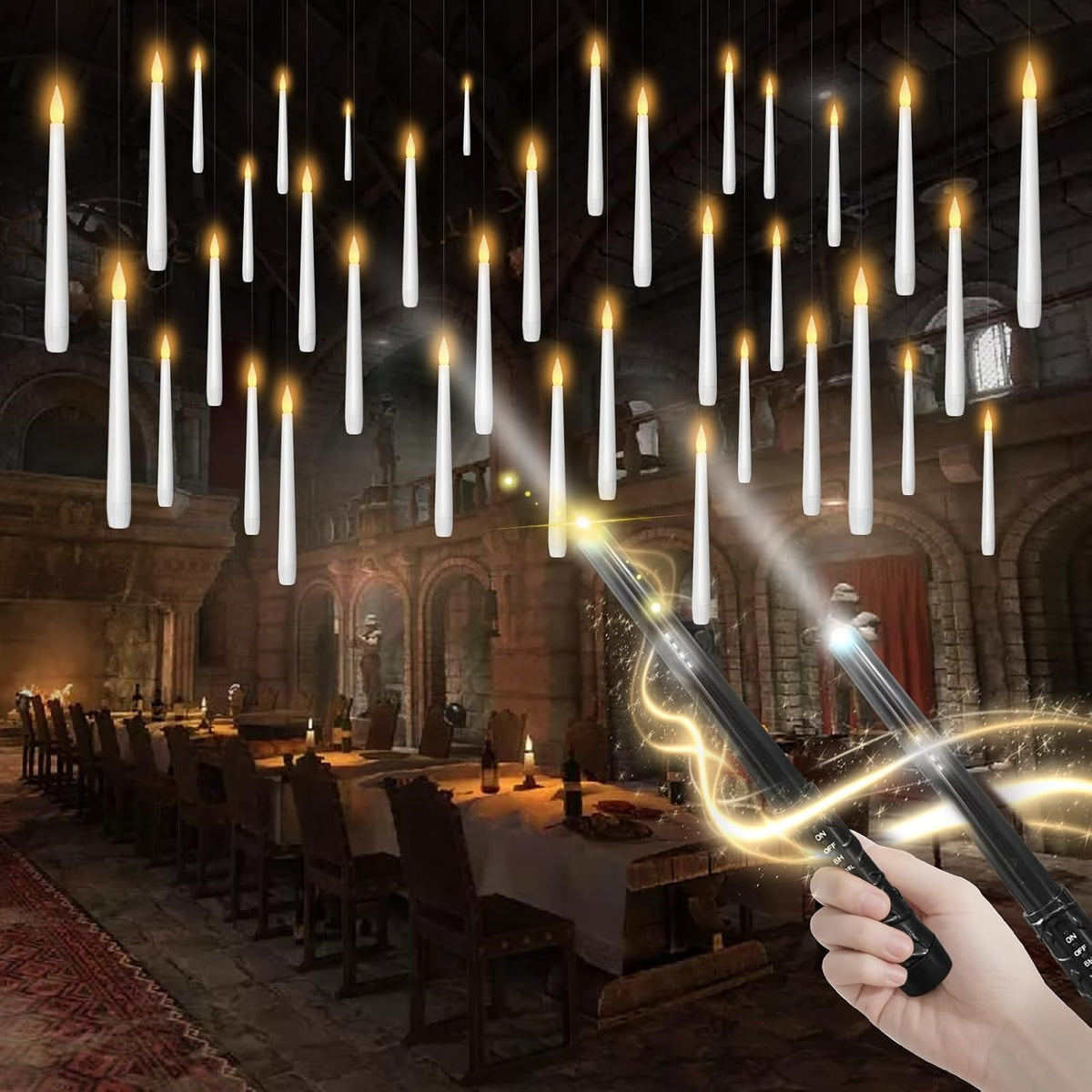 kakoya Flameless Floating Candles with Wand,36 Pcs Magic LED Hanging Taper Candles,Flickering Battery Operated Taper Candle with Wand Remote for Halloween Decorations Best Gift(White)