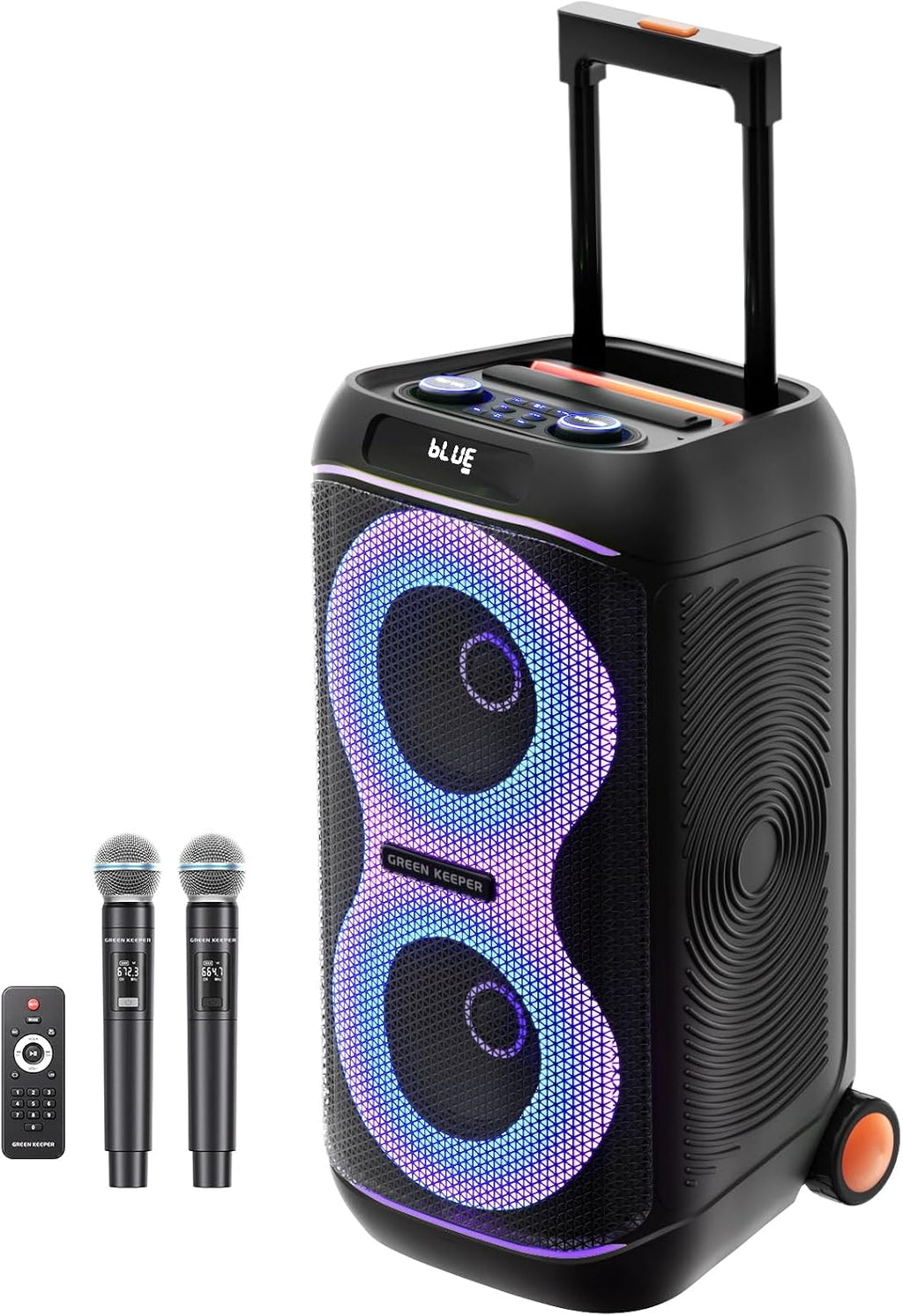 GKDT63 Karaoke Machine with 2 Rechargeable Wireless Microphones, 600W Portable Bluetooth PA Party Speaker with Wheels & Pull Handle, TWS Stereo, LED Lights,DSP Vocal Priority for Adult Outdoor Parties