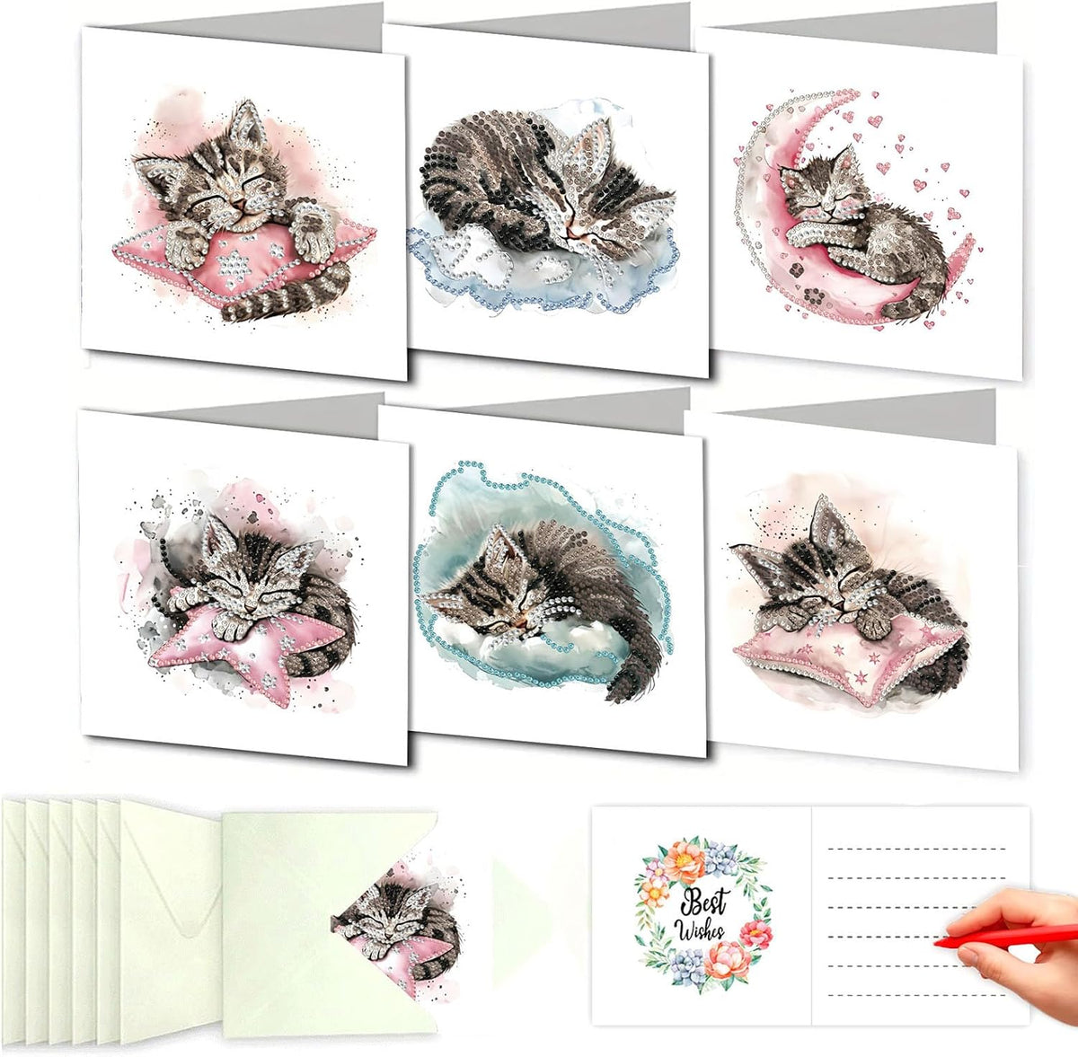 DDGYP 6 Pack Diamond Painting Greeting Cards,Craft Cards for Cat Lovers