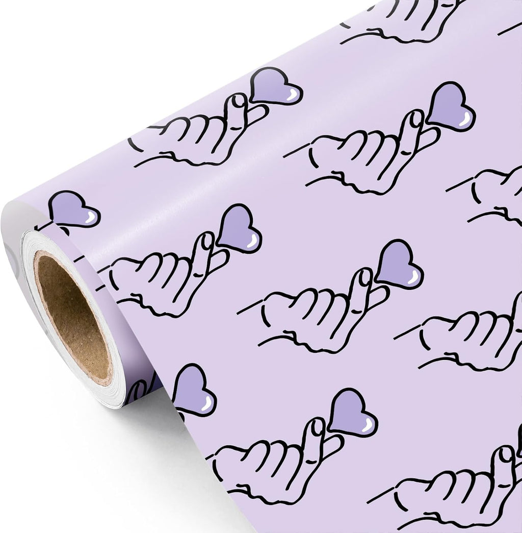 WRAPAHOLIC Valentines Day Wrapping Paper Roll - Mini Roll - 17 Inch x 16.5 Feet - Purple Finger Heart Wrapping Paper for Valentine's Day, Anniversary, Wedding