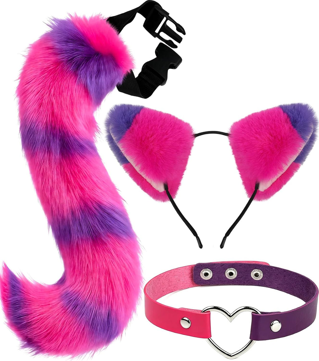 Cat Ears and Tail,Wolf Fox Ears Long Tail and Bell Lace Choker Set for Halloween,Animal Cosplay Party Costume