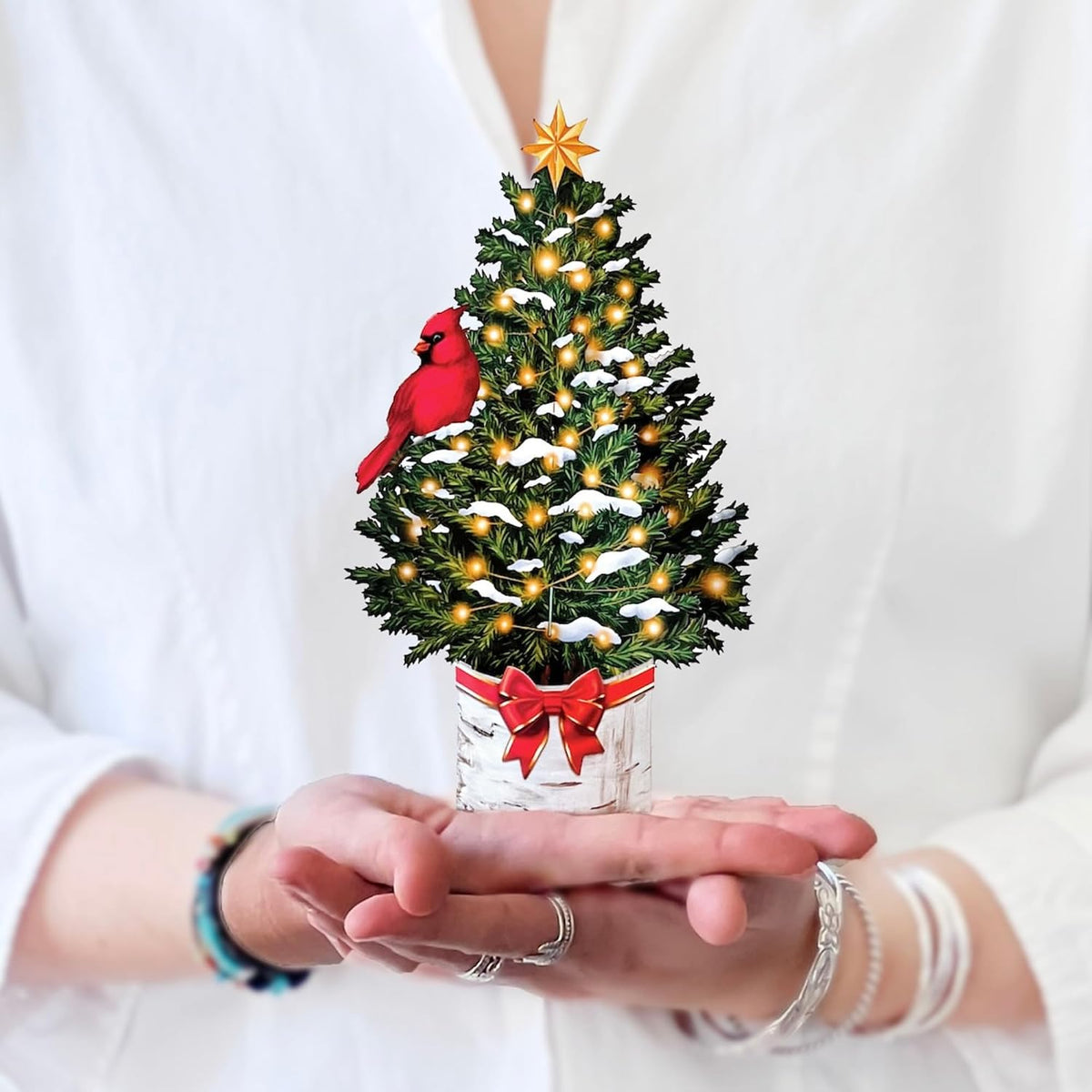Freshcut Paper Pop Up Cards, Mini Merry Tree, 6 Inch Mini Sized Forever Flower Bouquet 3D Popup Greeting Cards, Christmas Card, Holiday Card, Blank Notecard & Envelope