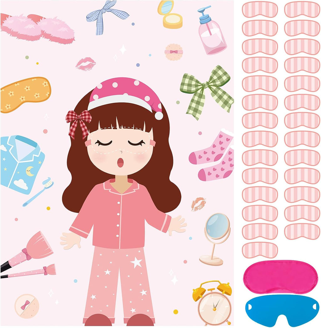 Hooqict Sleepover Slumber Party Games Pin The Blindfold on The Girl for Kids Girls Night Birthday Party Decorations Supplies, Large Pin Tail Games Poster with 27 Stickers