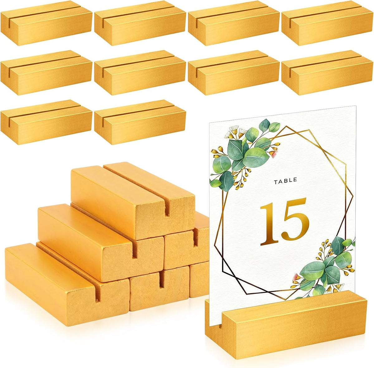 15 Pieces Gold Wood Table Number Stands Wood Place Card Holders Picture Holder Acrylic Sign Holders for Ceremony Birthday Party Home Decoration