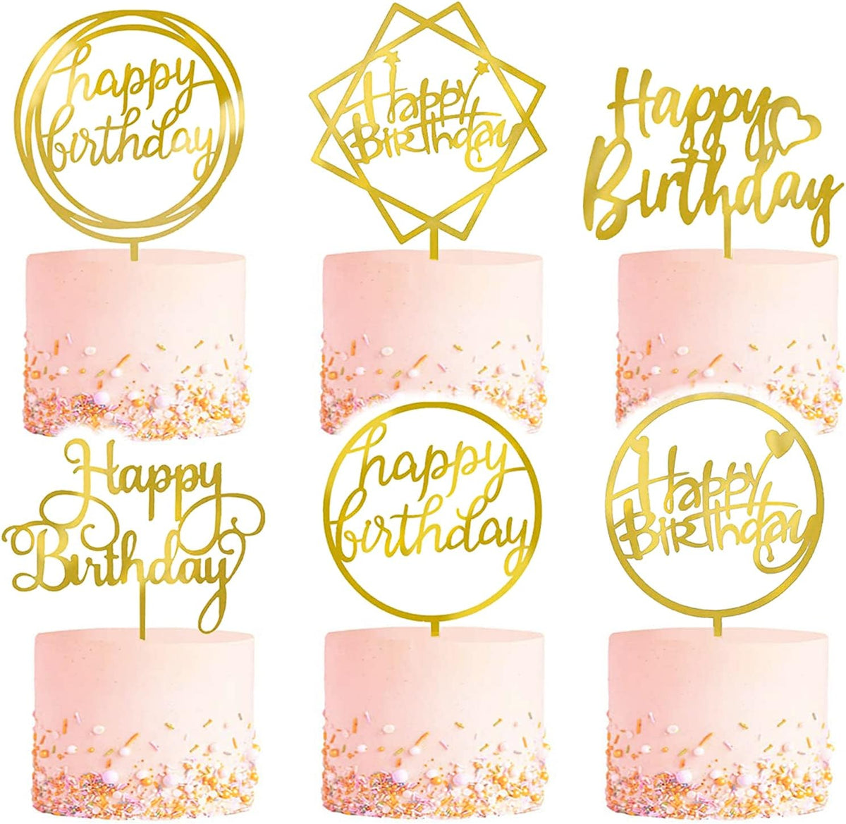 6-Pack Gold Cake Topper Set, Double-Sided Glitter, Acrylic Happy Birthday Cupcake Toppers, Birthday Decorations for Children or Adults.