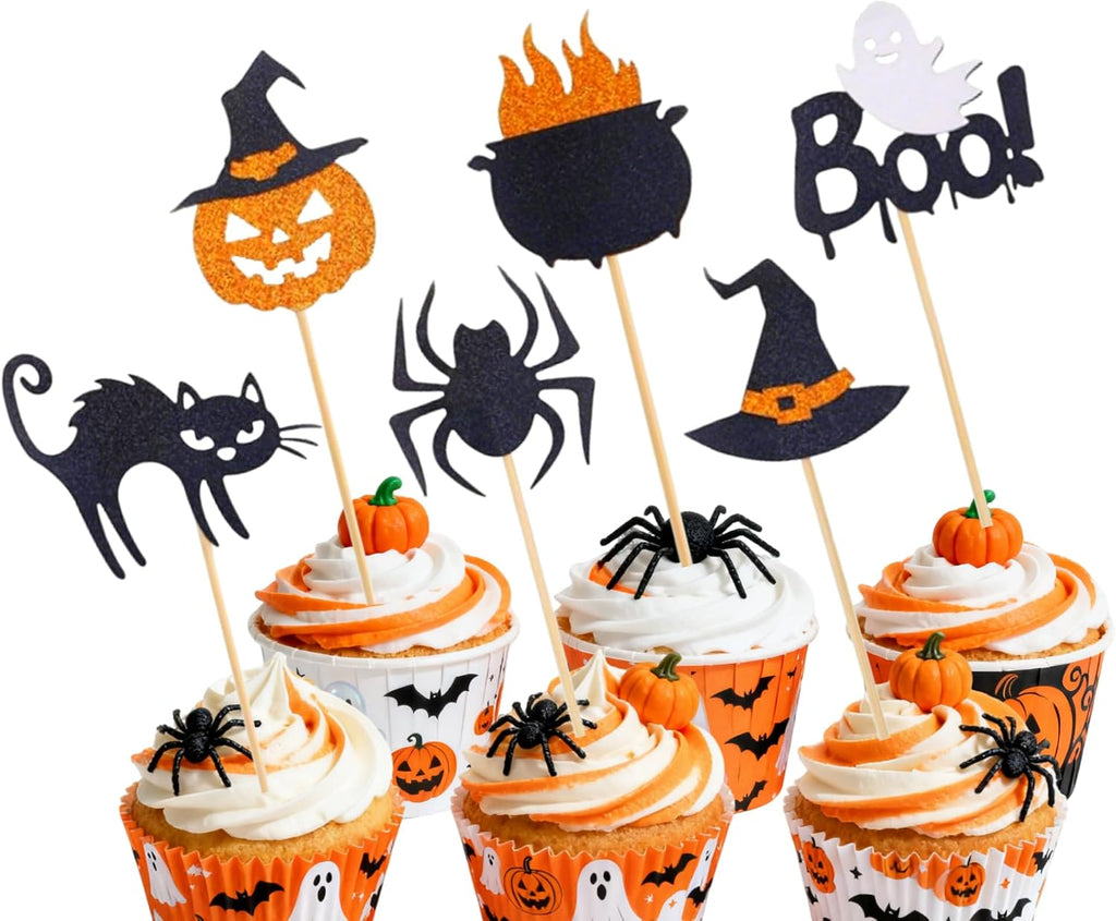 24 PCS Halloween Cupcake Toppers,Glitter Spider Witch Hat Spooky Little Boo Ghost Cat Pumpkin Cupcake Picks for Halloween Theme Baby Shower Kids Birthday Party Cake Decorations