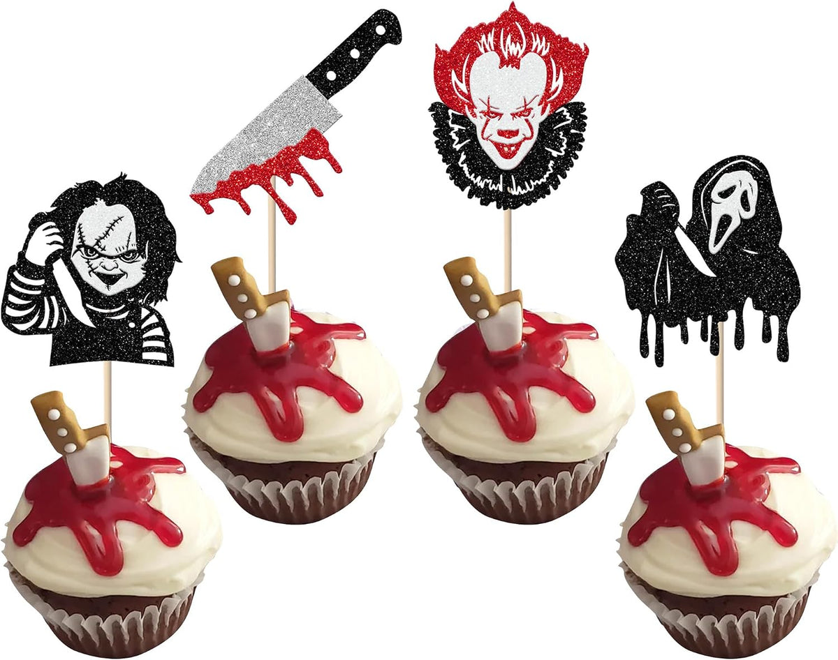 24 Pack Halloween Cupcake Toppers Glitter Scary Killer Cupcake Picks Knife Bloody Happy Halloween Theme Kids Birthday Cake Decorations Party Supplies