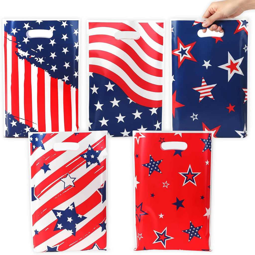 4th of July Treat Bags, 50PCS 4th of July Gift Bags with Handles, Plastic Red White and Blue Patriotic Star Cookie Goodie Candy Party Favor Bag for Independence Day Party Decoration Supplies, 6.7"x10"