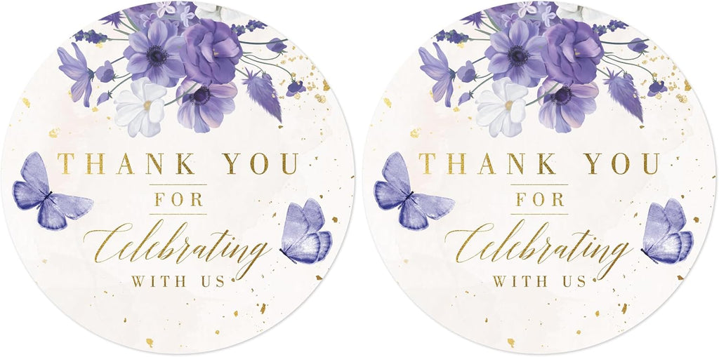 Mobiusea Creation Purple Floral Thank You for Celebrating with Us Stickers | Gold Foil Wedding Favor Stickers | 60pcs Waterproof 2" Thank You Labels for Baby Shower, Bridal Shower, Parties (Pack of 2)