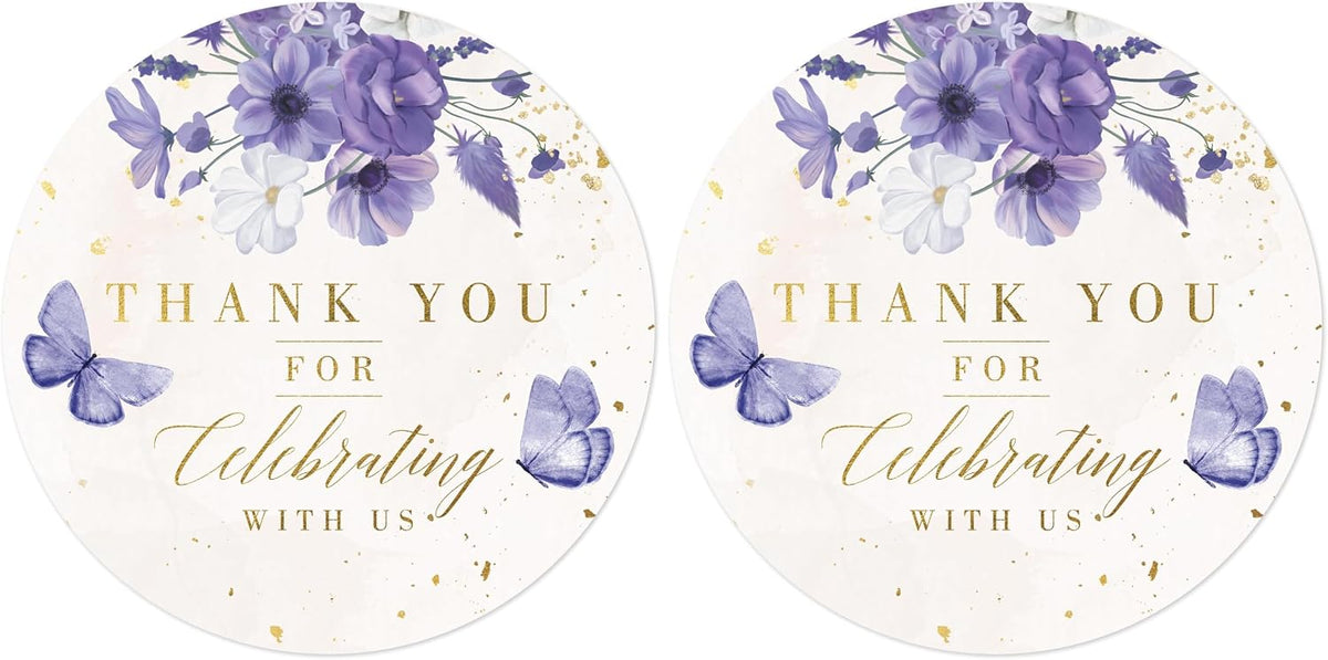 Mobiusea Creation Purple Floral Thank You for Celebrating with Us Stickers | Gold Foil Wedding Favor Stickers | 60pcs Waterproof 2" Thank You Labels for Baby Shower, Bridal Shower, Parties (Pack of 2)