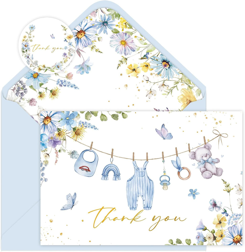 24 Pack Blue Flower Baby Shower Thank You Cards, Boy Baby Gift Card with Envelopes and Stickers, Greeting Cards Bulk for Baby Shower Party