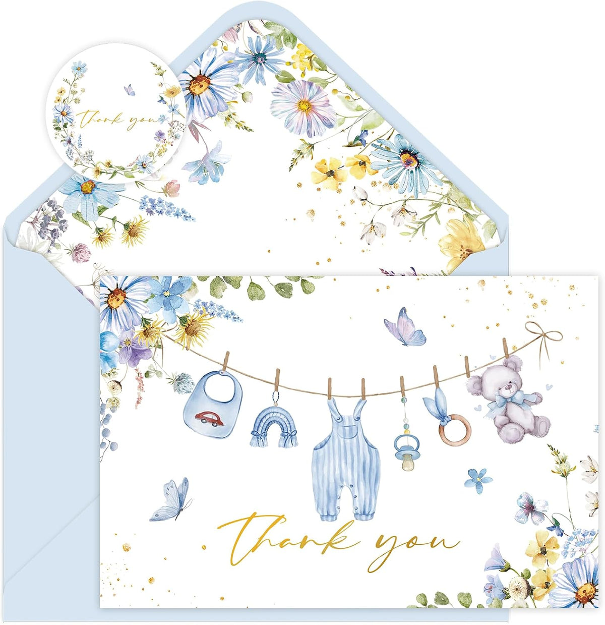 24 Pack Blue Flower Baby Shower Thank You Cards, Boy Baby Gift Card with Envelopes and Stickers, Greeting Cards Bulk for Baby Shower Party