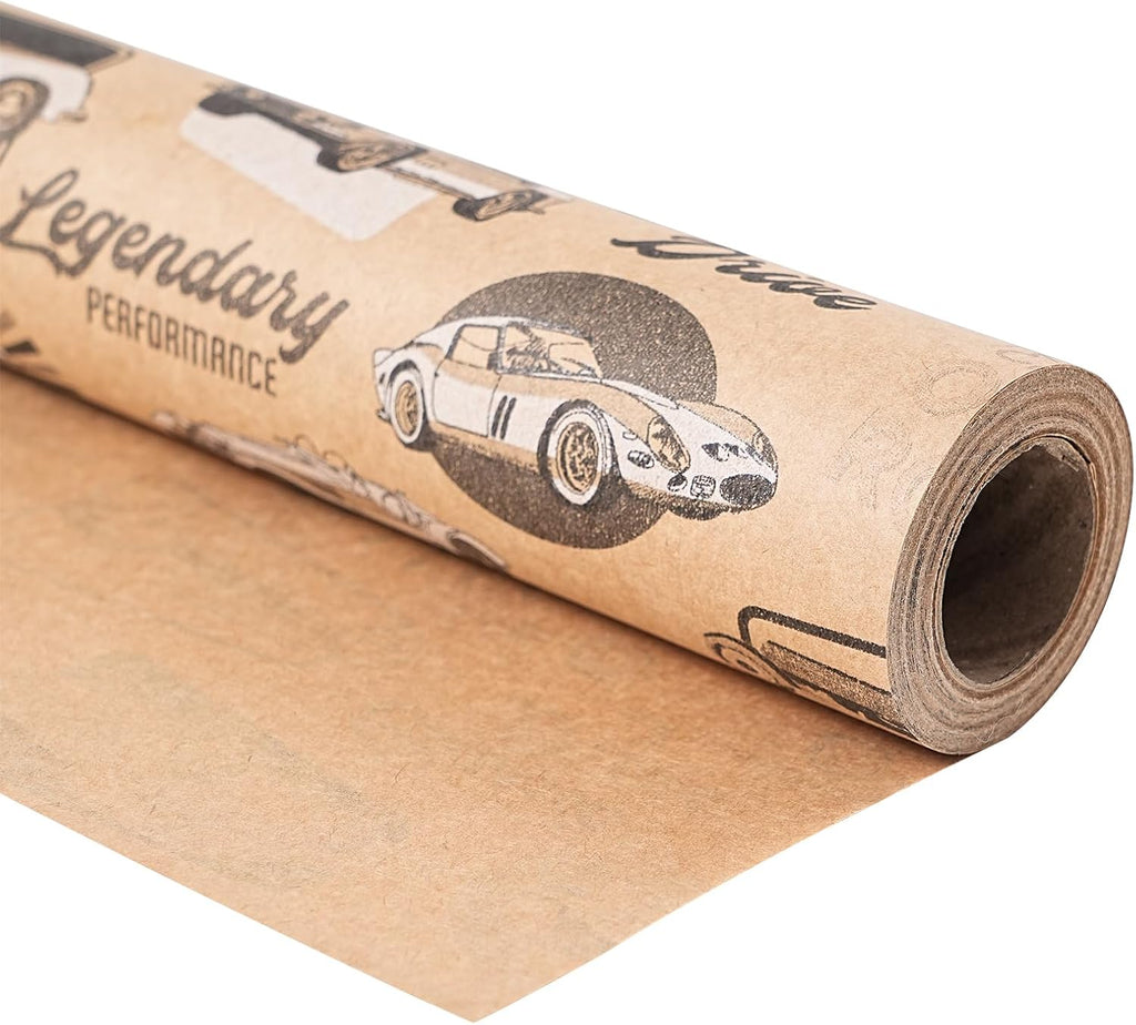 Ulmasinn Vintage Sports Car Wrapping Paper Roll, Kraft Gift Wrap with Retro Racing Car Design, 17 Inch x 33 Feet, Birthday Wrapping Paper for Boys, Men, Car Lovers, Father's Day, Racing Party Gifts