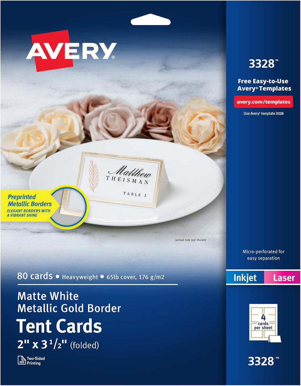 Avery Tent Cards, 2" x 3.5", Gold Borders, 80 Place Cards (3328)