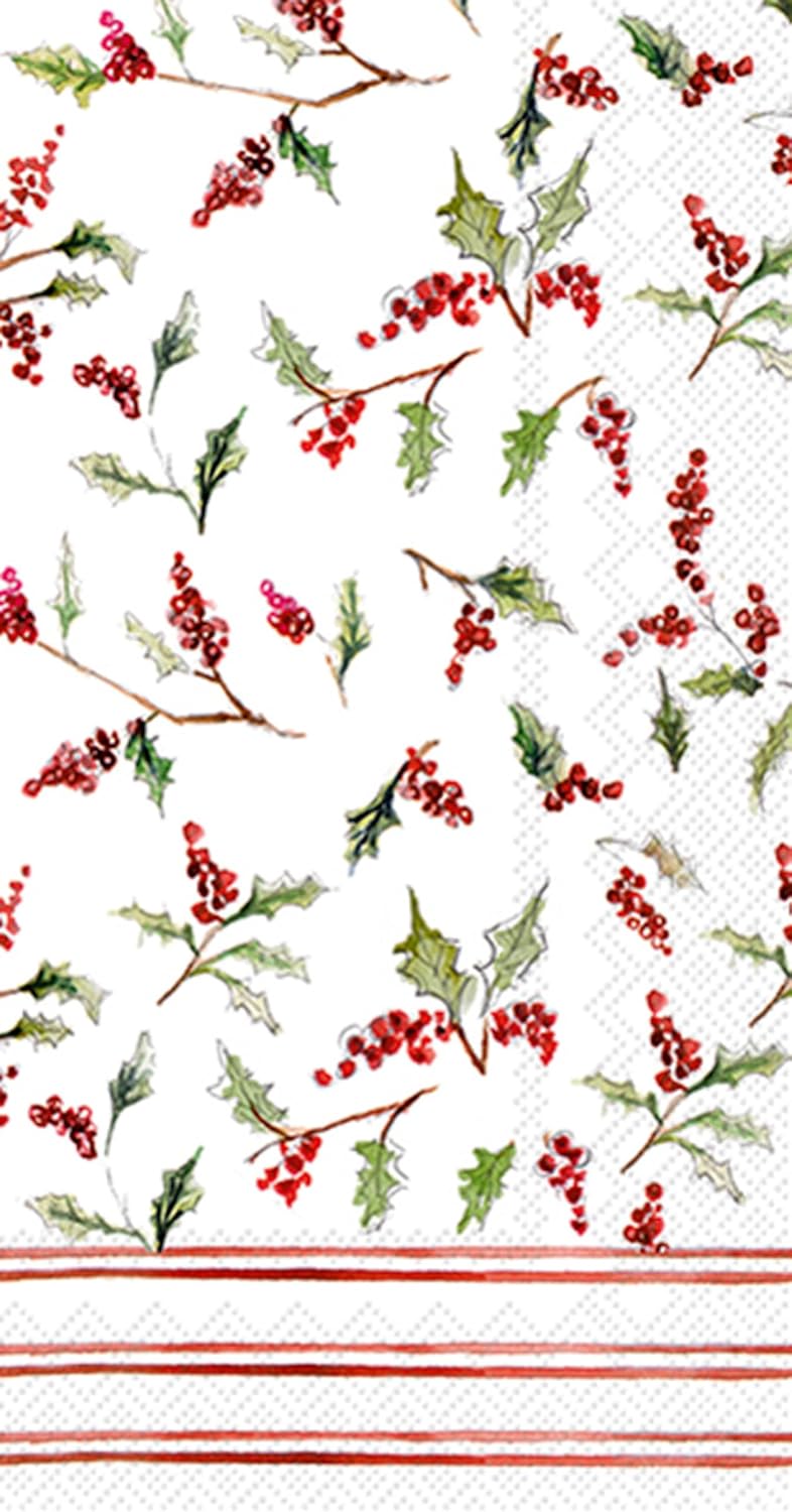 IHR Ideal Home Range Dinner Napkins Disposable 3-Ply Paper Hand Towels, 8.5" x 4.5", Christmas Ilex Berries, 16-Count