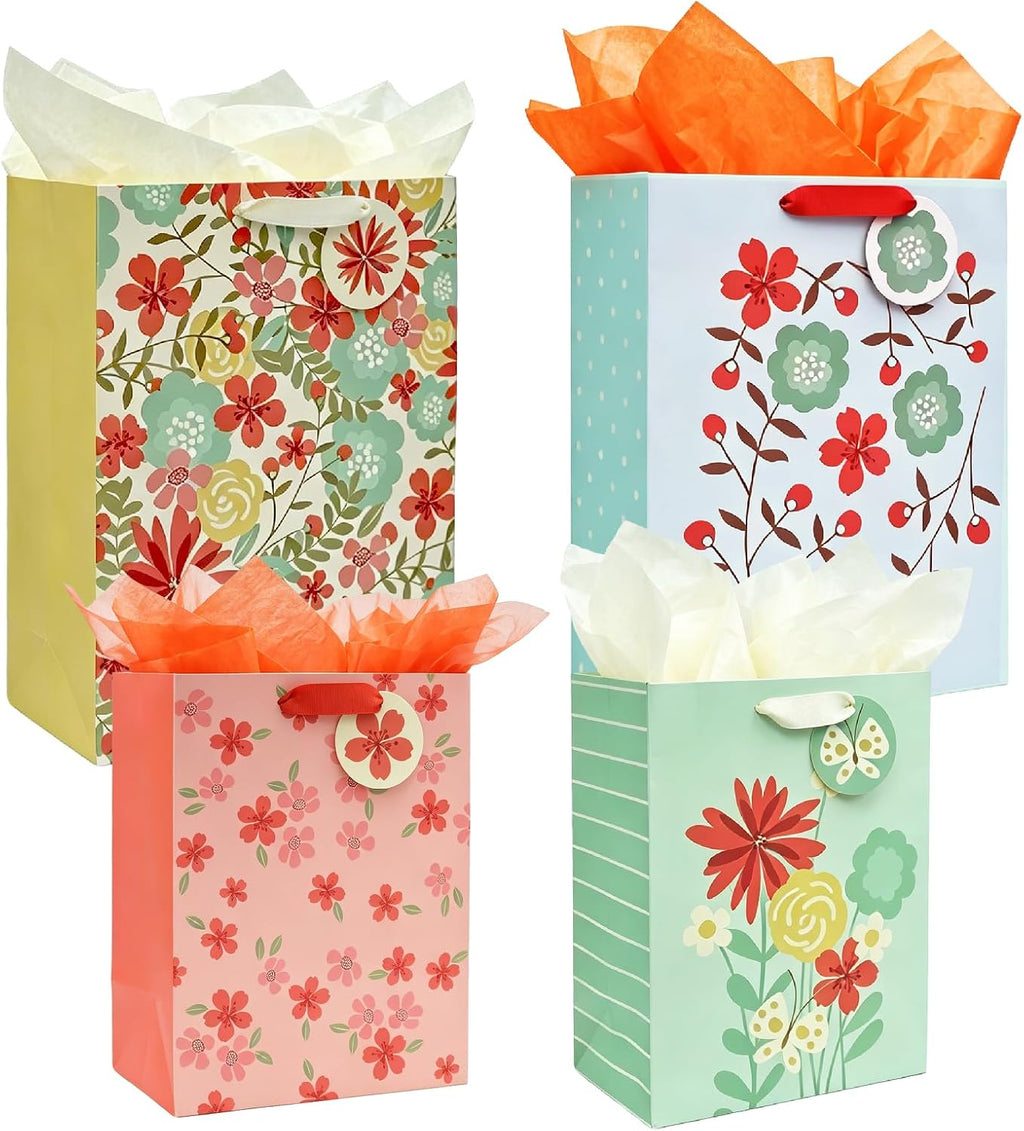 Jotique 4 Pcs Floral Gift Bags Assorted Sizes with Tissue for All Occasions