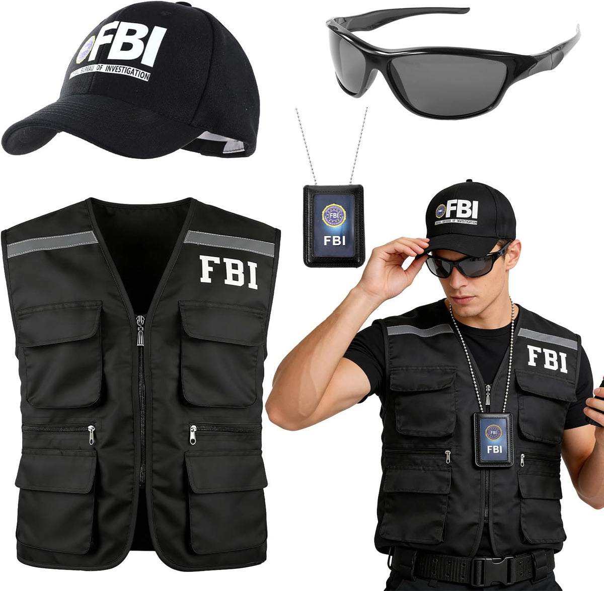 4pcs FBI Costume Men Women, FBI Agent Costume Include Vest Hat Badge and Police Sunglasses for Roleplay Halloween Party