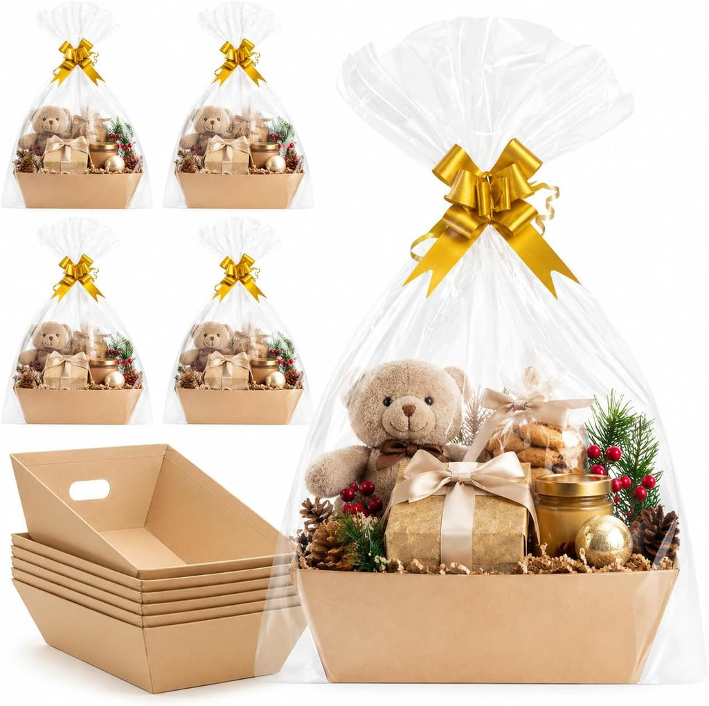 CDIVEFTN Kraft Empty Gift Baskets, 5 Pack 12x10 in with Bags and Bows