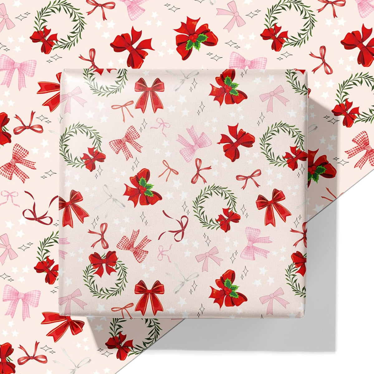 Cuitpan Pink Christmas Bow Wrapping Paper - 4 Jumbo Sheets, 28 * 40 Inches - Xmas Gift Wrap with Festive Ribbon Bow & Mini Wreath Pattern, Cute Holiday Gift for Women, Girls & Children