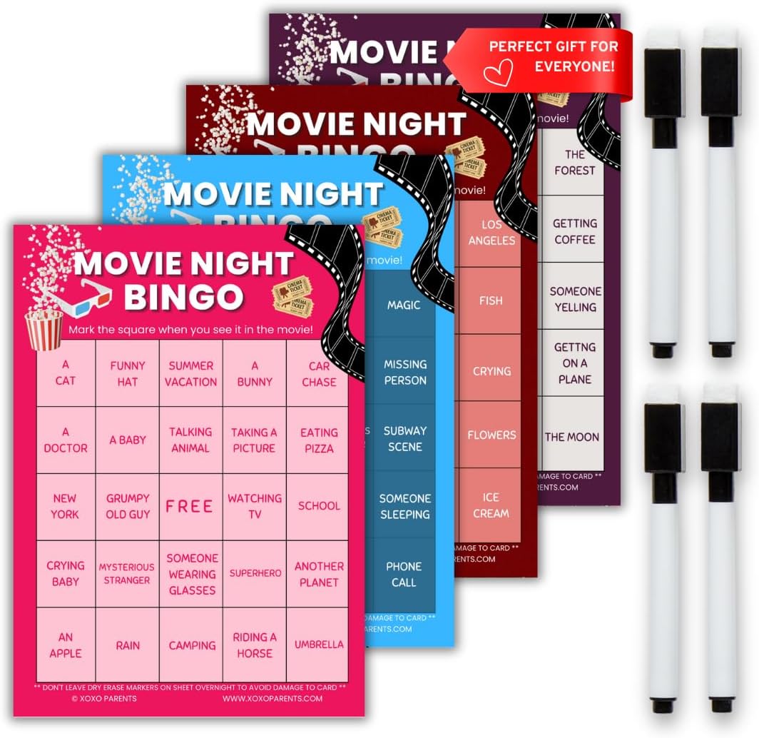 XOXO Parents Movie Night Bingo Cards, Reusable Game for Adults & Kids