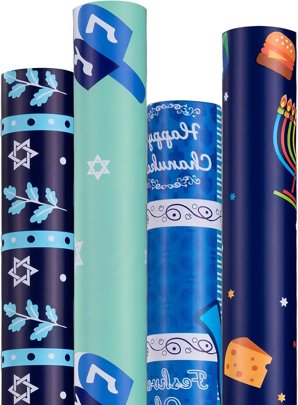 Hanukkah Wrapping Paper (4 Rolls, 148 sq. ft. ttl) Menorahs, Dreidels, Stripe and Star of David Design for Holiday Gift Wrap - Traditional Hanukkah Elements Collection - 30 Inches x 14.8 Feet Per Roll