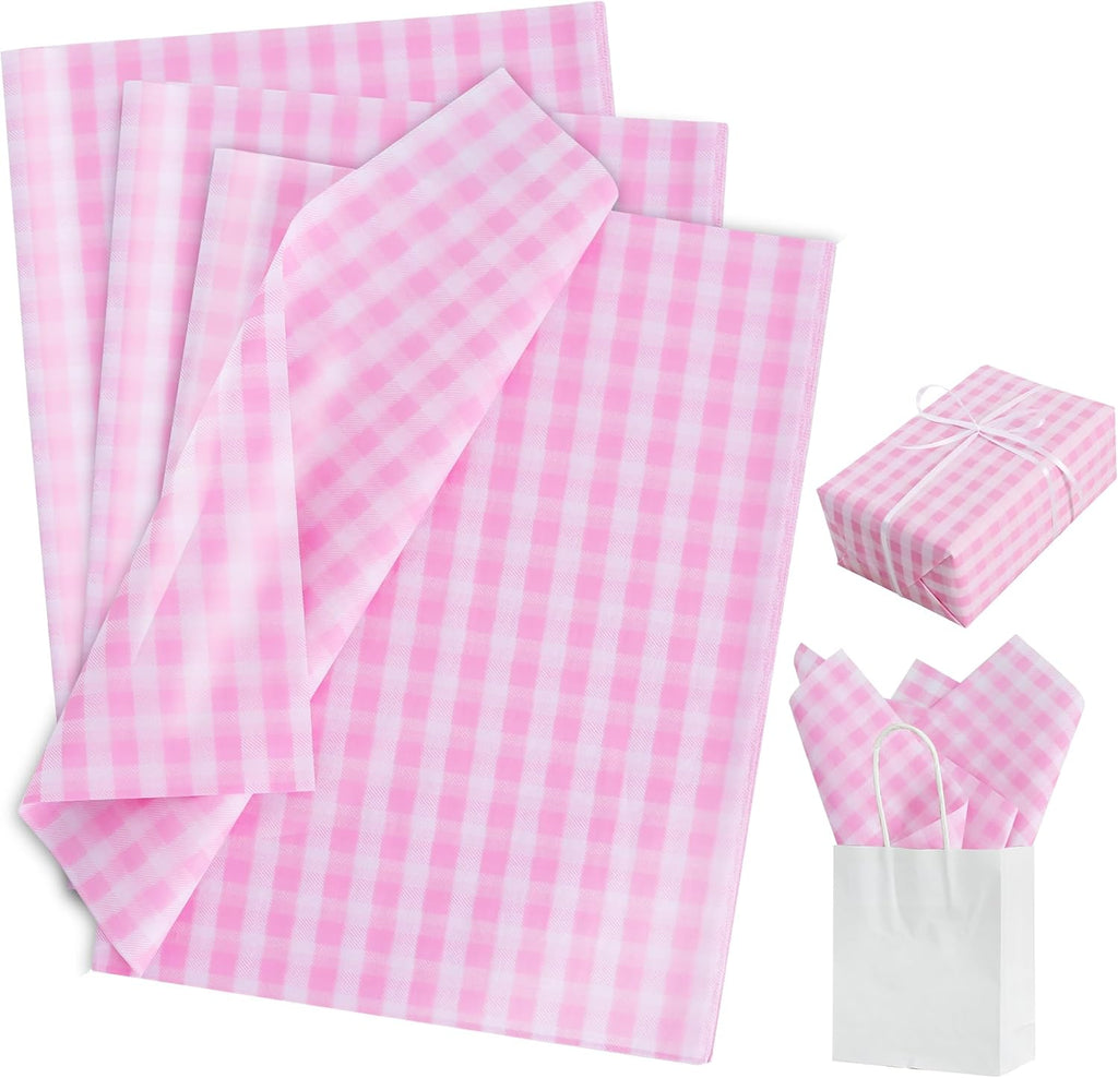 BEISHIDA Gingham Tissue Paper Bulk，Pink and White Checkered Wrapping Tissue Paper for Gift Bags, 14 x 20 Inch Gift Wrap for Valentines Birthday Easter DIY Crafts Decor Holiday Flowers-50 Sheets