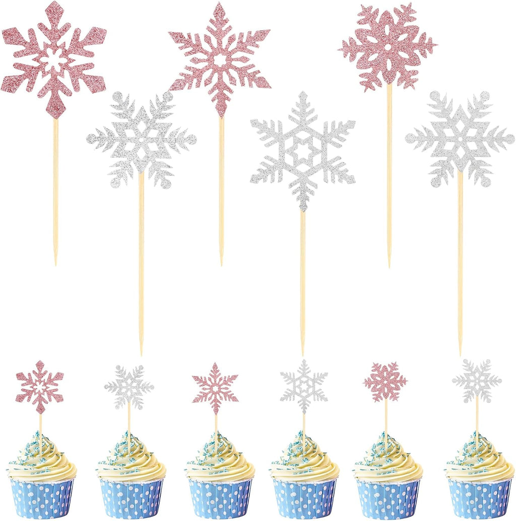 Snowflake Cupcake Toppers, 24PCS Glitter Winter Frozen Cupcake Picks Cake Decorations, Pink and Silver Snowflake Food Picks Topper for Christmas Winter Wonderland Baby Shower Party Decoration Supplies